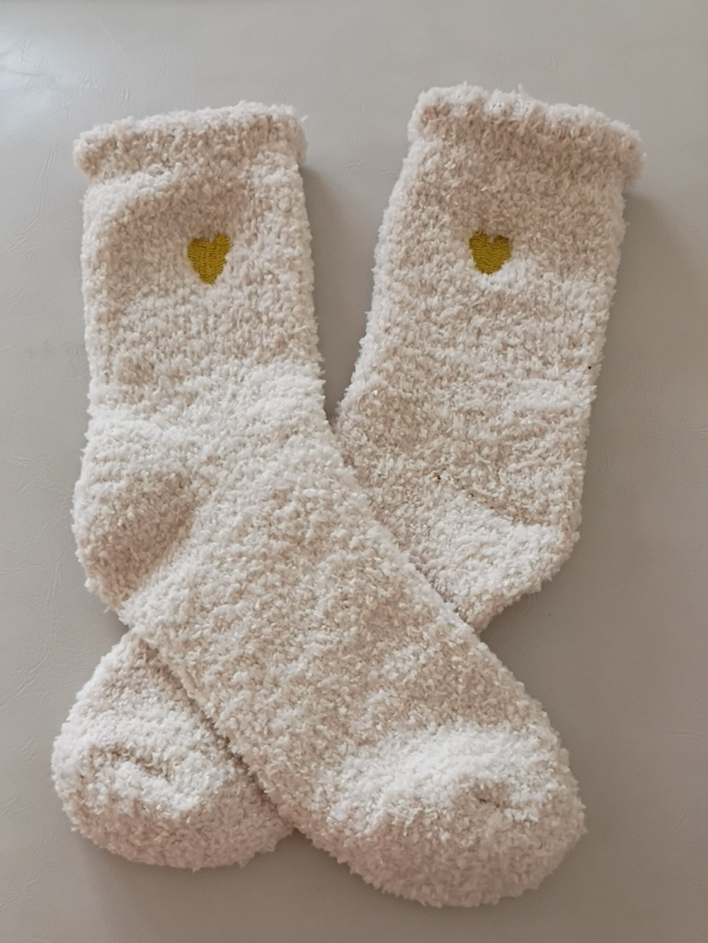 Cozy Cream Fuzzy Socks with Golden Yellow Heart